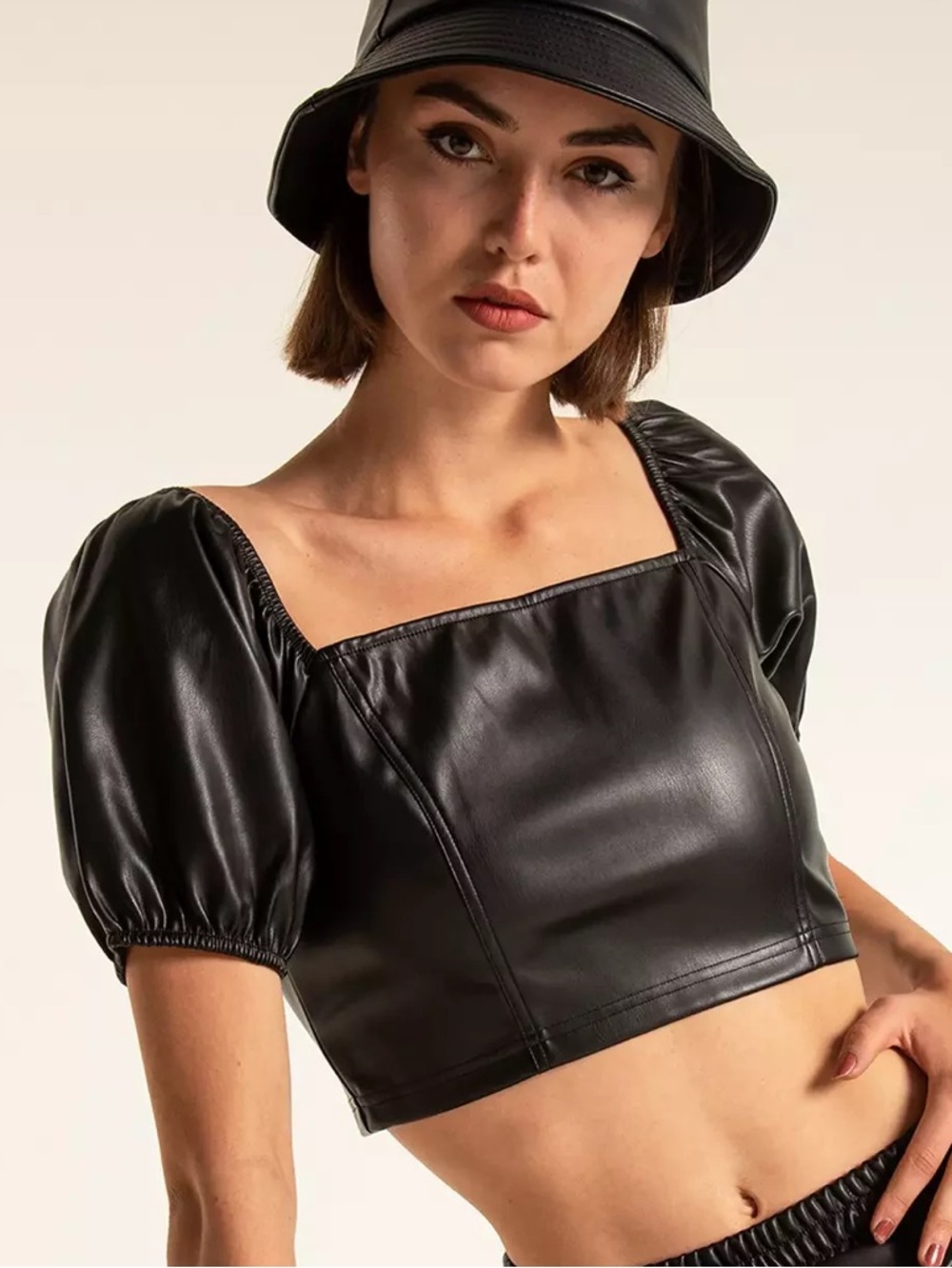 7 FOR ALL MANKIND Sleek Black Faux-Leather Puff Sleeve Crop Top Sexy Goth Urban